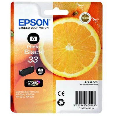 Obrázok produktu pre Epson Oranges Singlepack Photo Black 33 Claria Premium Ink, Štandardná výťažnosť, Fotografická čierna, Atrament na báze farby, 4,5 ml, 1 kusov, 200 strany