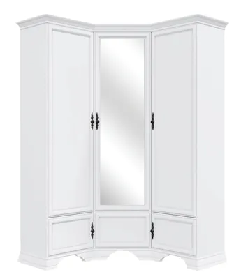 A white, three-door corner wardrobe with a central mirrored door.