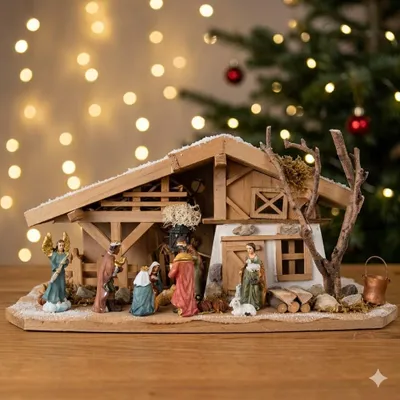 Produktbild von Tolle Weihnachtskrippe Gersdorf inkl. 11-tlg. Figurensatz K 111, Maße Krippe: ca. 30 x 11,5 x 13 cm