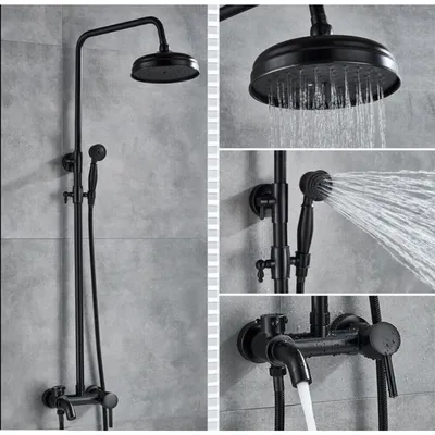 Produktbild von Duschsystem-Set, Schwarz – Wandmontage, Regendusche – Edelstahl, Messing – Duschkopf für das Badezimmer