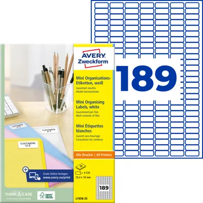 Produktbild von Avery Zweckform L7658-25, Mini-Organisations-Etiketten, A4, 25,4 x 10 mm, 4.725 Etiketten / 25 Bögen, weiß