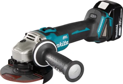 A cordless angle grinder with a battery pack attached, shown against a white background.