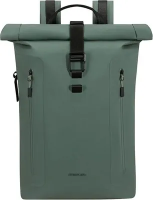 A green rolltop rucksack with black accents is shown against a white background.