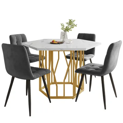 Produktbild von Esstisch- und Stuhlset (5-teiliges Set), moderner sechseckiger Marmor-Esstisch + 4 Esszimmerstühle aus grauer Samt, Goldfarbene Tischbeine