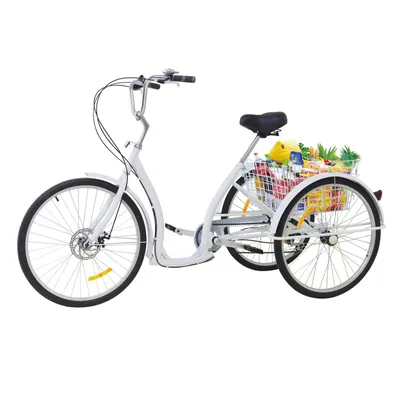 Produktbild von 26" 3 Rad Fahrrad 6 Gang Erwachsene Dreirad Mit Einkaufskorb und Sattel 3 Räder Fahrrad Bike Weiß Senioren Einkaufen Fahrrad