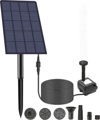 A solar-powered fountain pump kit with multiple nozzle attachments, displayed on a white background.