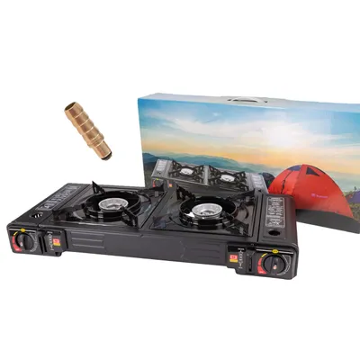 Produktbild von 2-flammiger tragbarer Gaskocher Camping & Adapter für Gasflaschen 2in1