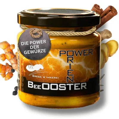Produktbild von Orient BeeOOSTER Power Honigmischung 250g | Grega's Imker Honig mit Kurkuma, Schwarzkümmel, Zimt & Ingwer | Gewürzhonig aus deutscher Familienimkerei