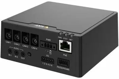 The back panel of a black electronic device with various ports and labels.