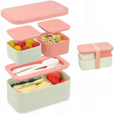 Produktbild von PromoHome® Lunchbox für Erwachsene und Kinder 1450 ml - 2-in-1 Bento-Box mit 3 Fächern, auslaufsicher, mikrowellen- und spülmaschinenfest