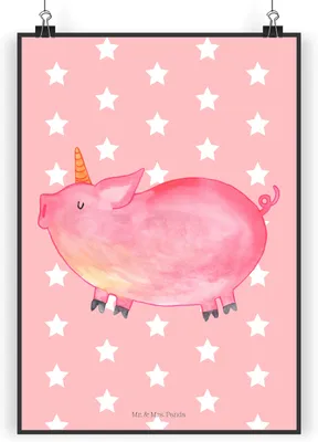 Produktbild von Mr. & Mrs. Panda Bild Einhorn Schwein DIN A4 - Rot Pastell - Geschenk, Kunstdruck, Spruch, Englisch, Bauer, Einhörner, Unicorn, wanddeko, drucke, Wandbild, Plakat