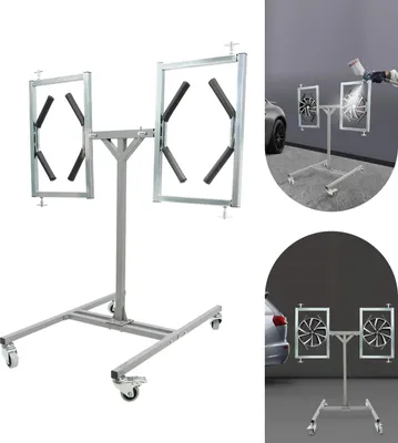 Obrázek produktu pro Stojan na lakování ráfků a nábojů kol – dvojité uchycení – otočný o 360° – nosnost 60 kg – výškově nastavitelný – pro autoservisy a kutily – černý