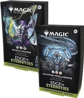 Two Magic: The Gathering Commander decks are shown in their packaging.