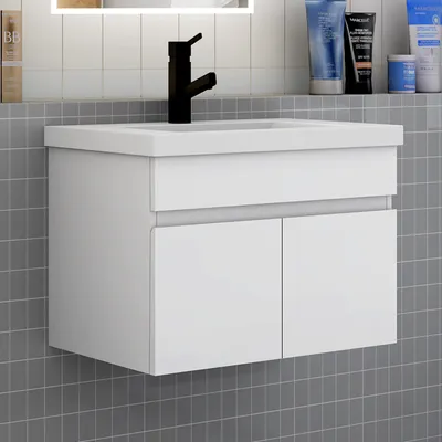 Produktbild von Badezimmer Badmöbel 60 cm Mineralguss Waschtisch mit Unterschrank Hängeschrank Badezimmerschränke Badschrank mit 2 Türen Weiß Matt