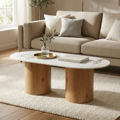 Produktbild von Couchtisch REALM mit Keramikplatte, Marmor/Eiche - Ovaler Couch Beistelltisch 120x45x60 cm, Wohnzimmertisch mit Säulenfüßen, Coffee Table im modernen Design, Couchtisch Marmor Look