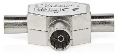 Produktbild von Nedis Satelliten- und Antennenadapter - 2x Coax Stecker - IEC (Coax) Buchse - Vernickelt - 75 Ohm - T-Splitter - Metall - Silber - 1 Stück - Box