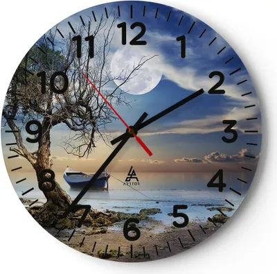 Produktbild von Wanduhr - Rund - Glasuhr - Nacht Mond Boot - 40x40cm - Schleichendes Uhrwerk - Lautlos - zum Aufhängen bereit - Dekoration Modern - Wanddekoration aus Glas - C4AR40x40-3457