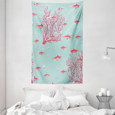 Produktbild von ABAKUHAUS Koralle Wandteppich und Tagesdecke, Fische Korallenriff Aquatic aus Weiches Mikrofaser Stoff Waschbar ohne Verblassen Digitaldruck, 140 x 230 cm, Dunkle Koralle Babyblau