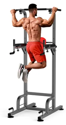 Produktbild von Power Tower für Klimmzüge und Dips - Höhenverstellbares Multifunktions-Fitnessgerät für Zuhause (Grau)