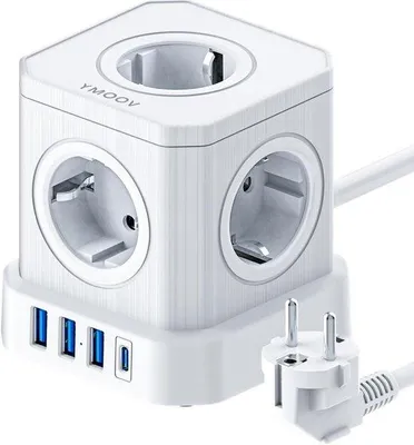 Obrázok produktu pre 9-v-1 predlžovací kábel s USB, 5x zásuvka, 3x USB-A, 1x USB-C, ochrana proti preťaženiu, biela