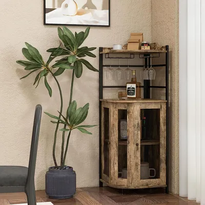 Produktbild von GOPLUS Weinbarschrank mit Glashalter, Eck-Barschrank mit 2 Türen, Weinschrank mit verstellbarem Regal, Küchenschrank industriell für Küche & Esszimmer