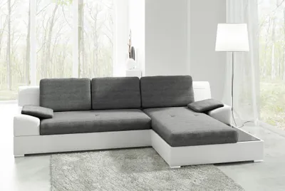 Produktbild von Ecksofa Aldo mit Glasregal und Schlaffunktion, Couchgarnitur mit Bettfunktion und Bettkasten, Sofagarnitur, Couch (Weiß + Grau (Soft 017 + Inari 91), Ecksofa Rechts)