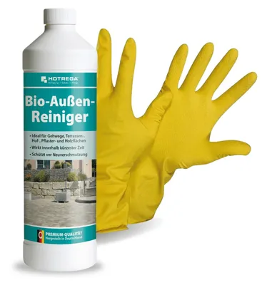 Produktbild von HOTREGA Außen Reiniger 1L für Hof Terrasse Stein Holz - Set inkl Handschuhe