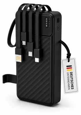 Produktbild von Powerbank 20.000 mAh mit integriertem USB-C-, USB-A & Lightning-Kabel Externer Akku mit Schnellladefunktion – Schwarz / 20.000 mAh