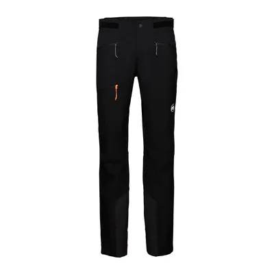 Schwarze Softshellhose für Herren von Mammut; Modell Taiss Guide SO Pants; mit zwei Reißverschlusstaschen und orangefarbenem Detail.
