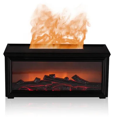 A black electric fireplace with glowing logs and artificial flames.