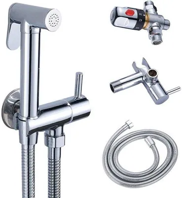 Immagine prodotto di Set di rubinetteria termostatica per doccia - con doccetta - per uso domestico - protezione antiscottatura - ottone cromato - WC, bidet, set doccia, bidet, doccia