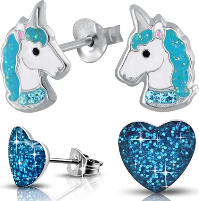 Produktbild von 2x Kinder Ohrringe Echt 925 Silber Pferde Einhorn Mädchen Ohrstecker Herz Edelstahl K756+K186