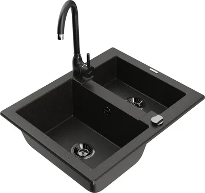 Produktbild von Mexen Carlos 1,5-Becken-Granitspüle mit Mischbatterie Telma, Schwarz/Gold metallisch - 6518-75-670200-70-B