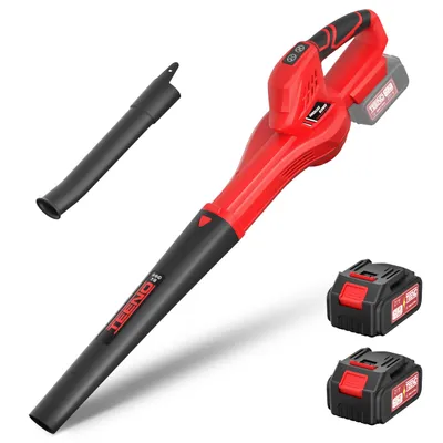 A red and black cordless leaf blower with two batteries and an attachment, displayed on a white background.