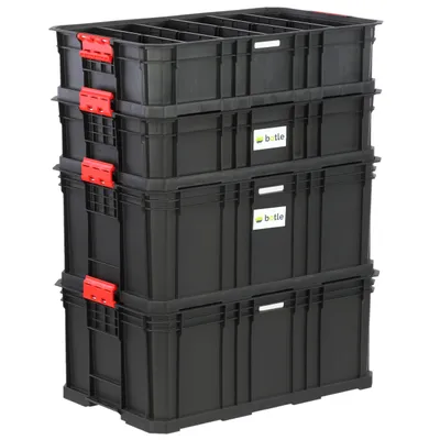 A stack of four black plastic storage containers with red clasps.