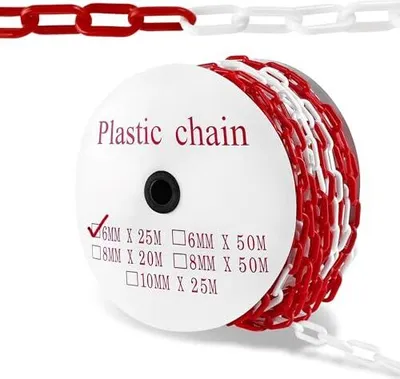 Produktbild von TRMLBE 25m Absperrkette Rot Weiß Kunststoffkette 6mm Stärke Kunststoff Warnkette, Plastik Baustellensicherungskette Kette Gliederkette Absperrpfosten zum Absperren für Warnsicherheit Parkplatz