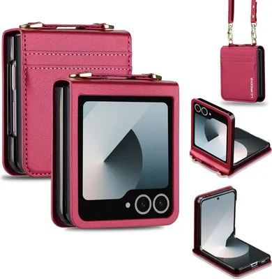 Image de Étui en cuir pour Samsung Galaxy Z Flip 7, avec bandoulière et fente pour cartes de crédit Rouge