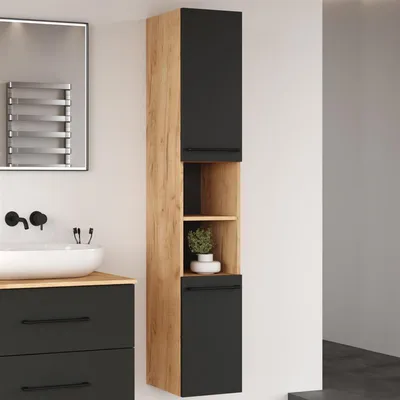 Produktbild von Planetmöbel Badmöbel Hochschrank Badezimmer Schrank schmal, Hochschrank LUX 30 cm Gold Eiche/Anthrazit