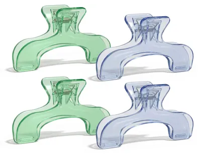 4 Buchseitenhalter, transparent, blau & grün, 12 cm, PP-Kunststoff