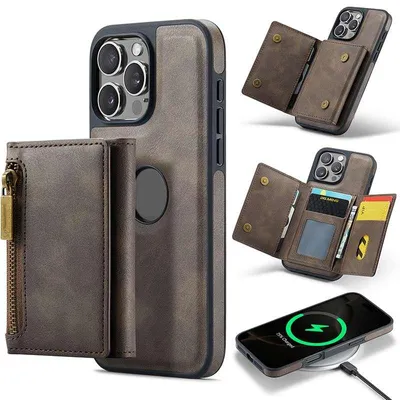 Obrázek produktu pro Pouzdro na iPhone 16 s peněženkou 2 v 1, magneticky odnímatelné, s ochranou proti RFID, 7 přihrádkami na karty, se zipem, podporou bezdrátového nabíjení, stojánkem a v barvě kávy