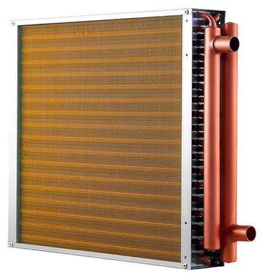 Imagen del producto de Intercambiador de calor agua-aire, serpentín de intercambiador de calor para sistemas de climatización con tubos de cobre y aletas de aluminio, de 457 x 457 mm, con una capacidad de 120.000 BTU, diseñado para estufas de leña exteriores, sistemas de calefacción y refrigeración hidráulicos