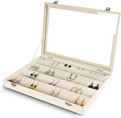 Produktbild von Organizer Box mit transparentem Deckel - 64 Fächern - Beige Ladeeinbaustoff - Ohrring-Box - transparenter Glasdeckel - Schmuck-Display-Kasten - Geschenk für Mädchen und Frauen