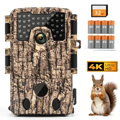 Image de Caméra de surveillance de la faune 4K 48 MP HD avec détecteur de mouvement et vision nocturne, batterie intégrée, grand angle 120°, norme IP66 (étanche), carte mémoire 32 Go et 8 piles AA