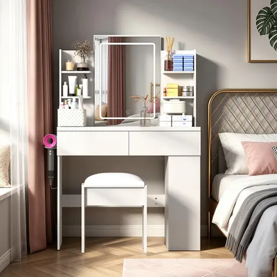Produktbild von LED Schminktisch mit Spiegel, Hocker und Steckdose, Dimmbares Licht in 3 Farbmodi, Frisiertisch mit USB, 2 Schubladen, 4 Ablagen, Weiß 90x40x135 cm