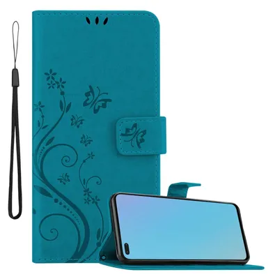 A teal flip phone case with a floral butterfly design is shown open, with a smartphone placed inside. A black wrist strap is attached to the side of the case.