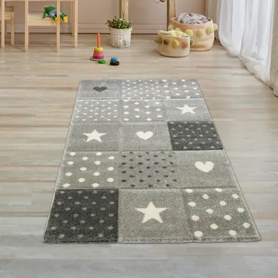 Immagine prodotto di Tappeto per la cameretta dei bambini e dei neonati con disegno di stelle e puntini color crema, nero e grigio dimensioni - 80 x 150 cm