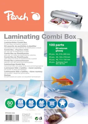Obrázek produktu pro Peach PPC500-03 Laminovací fólie ekonomická sada 100 fólií | A4, A5, A6 a vizitky | 2 x 80 mic | lesklý povrch | kompatibilní s laminátory všech značek