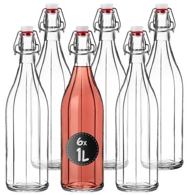Image de KADAX Bouteille universelle avec fermeture à étrier "Tore", bouteille en verre, bouteille de jus, transparent, 1000 ml, 6 pièces