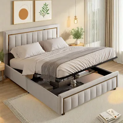 Produktbild von INONEFT Bett 160x200 Boxspringbett mit Bettkasten & Lattenrost,Polsterbett mit Verstellbares Kopfteil,Beige Samt Doppelbett Bettgestell,ohne Matratze