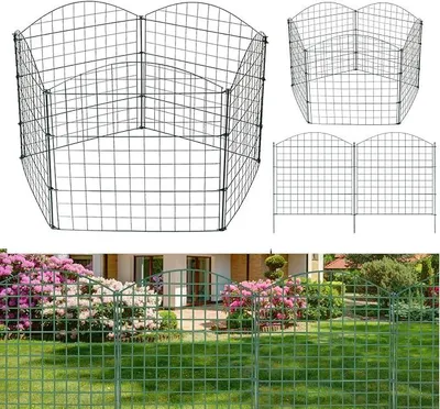 Produktbild von Teichzaun Gartenzaun Steckzaun Komplettset Metall 10 Zaunelemente Länge 7,5 m, Inkl 12 Befestigungsstäbe, Hundezaun, Gitterzaun Set für Tierbarriere (Oberbogen,Grün)